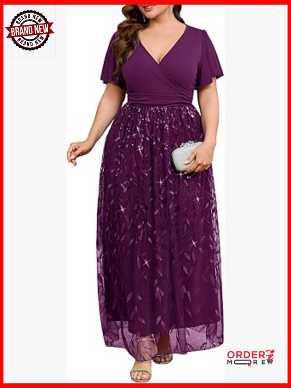 Plus Size Sequin Formal Dress V Neck A Line Maxi Evening Gown